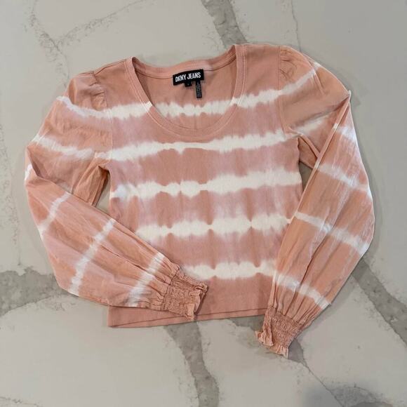DKNY Long Sleeve Pink Tie-Dye Ribbed Top Women's Small Scoop Neck Smocked Cuffs - Picture 1 of 7